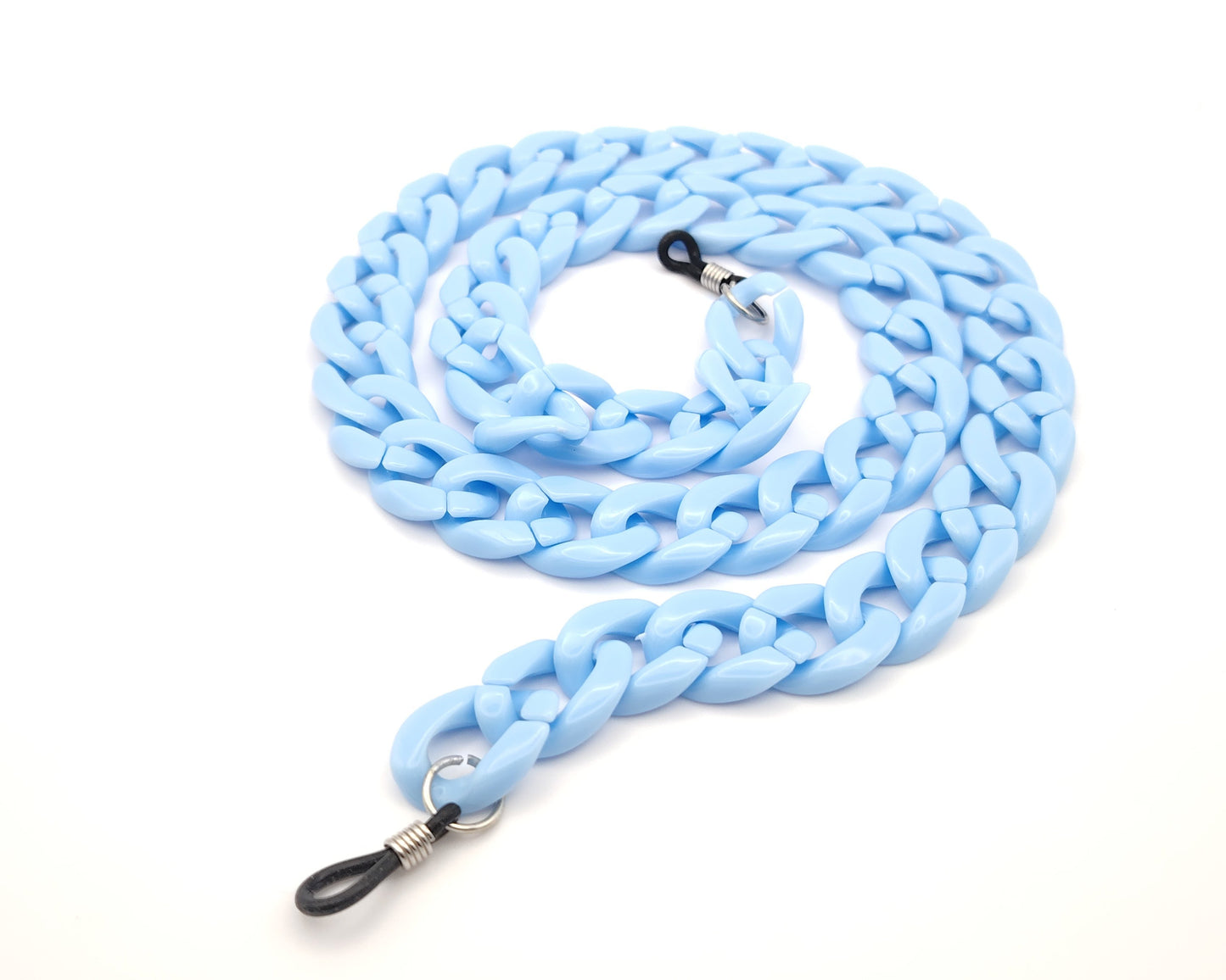 cadena para gafas de eslabones gruesos en azul claro con enganches de goma negra