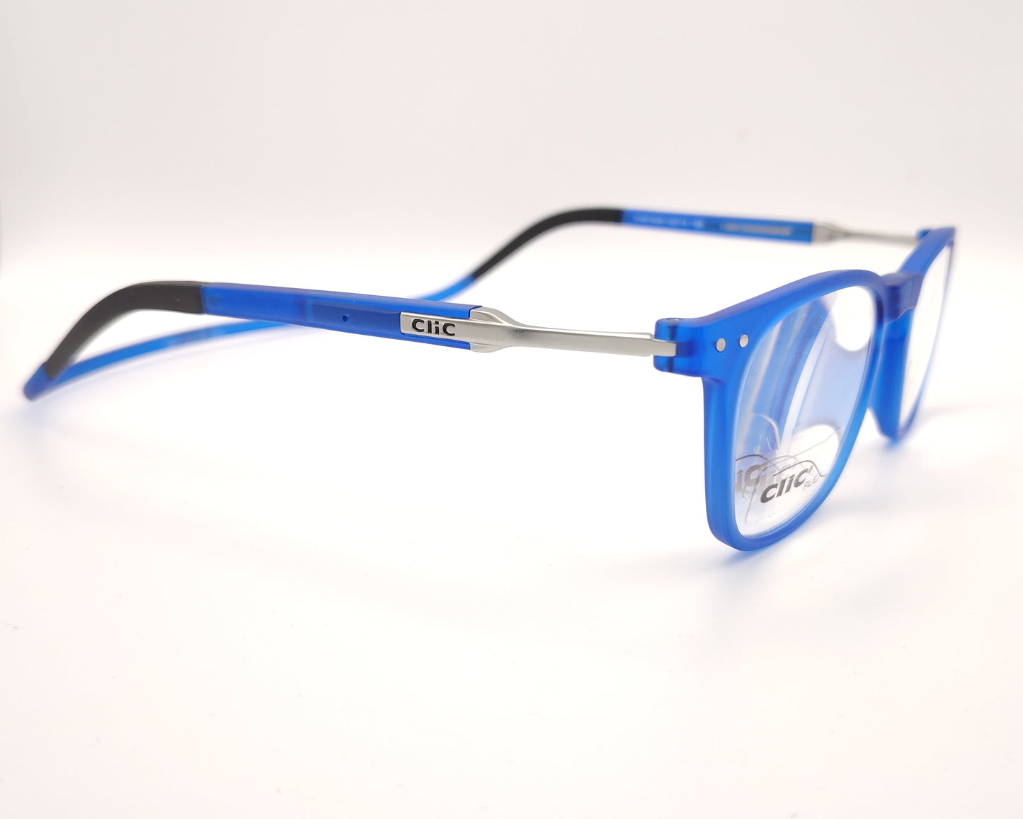 gafas clic flex de lectura con montura azul translúcida y graduación más tres