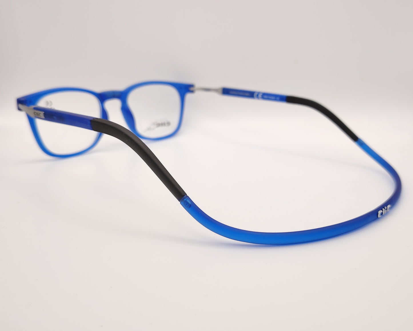 gafas clic flex de lectura con montura azul translúcida y graduación más tres