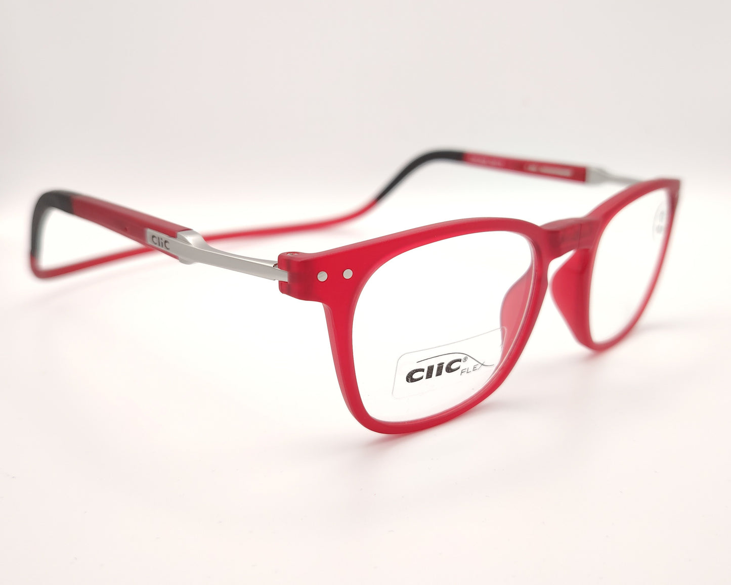 gafas clic flex de lectura con montura roja translúcida y graduación más dos
