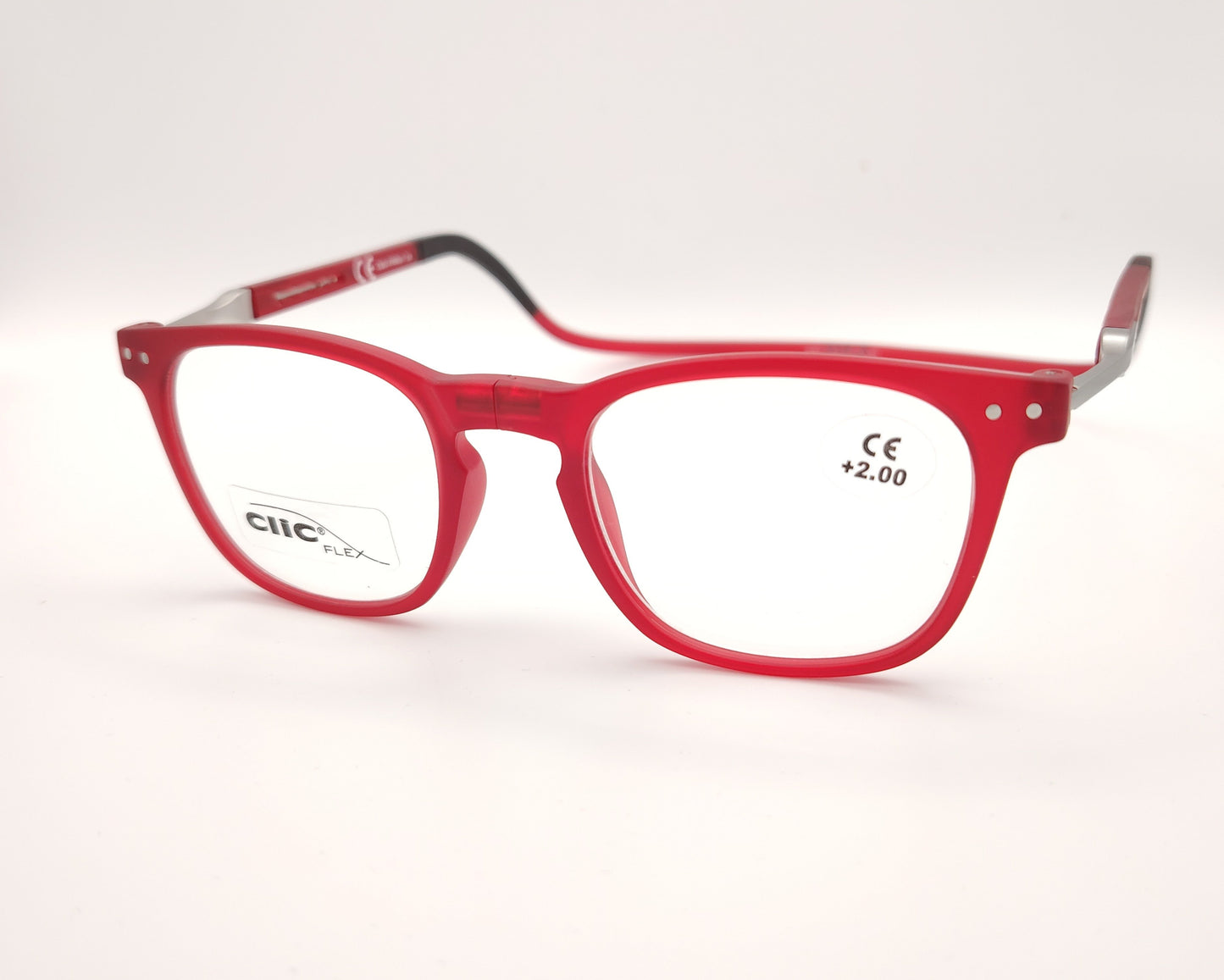 gafas clic flex de lectura con montura roja translúcida y graduación más dos