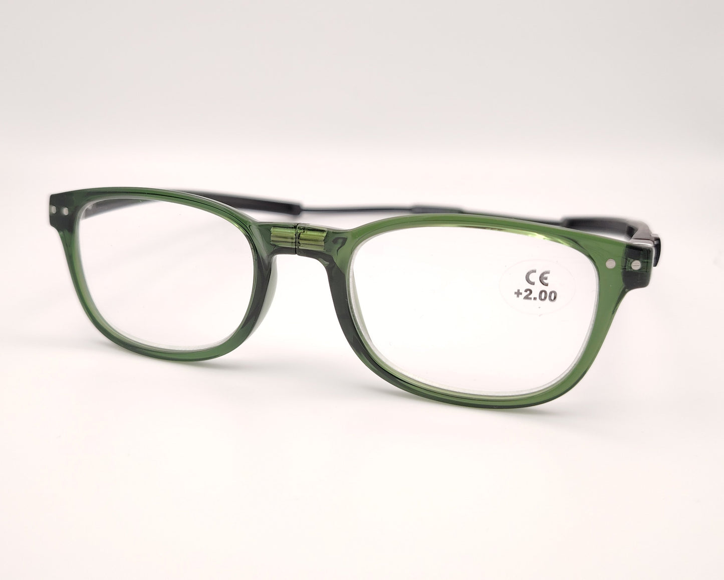 gafas clic de lectura con montura verde translúcida, varillas negras y sistema magnético frontal para cierre y apertura