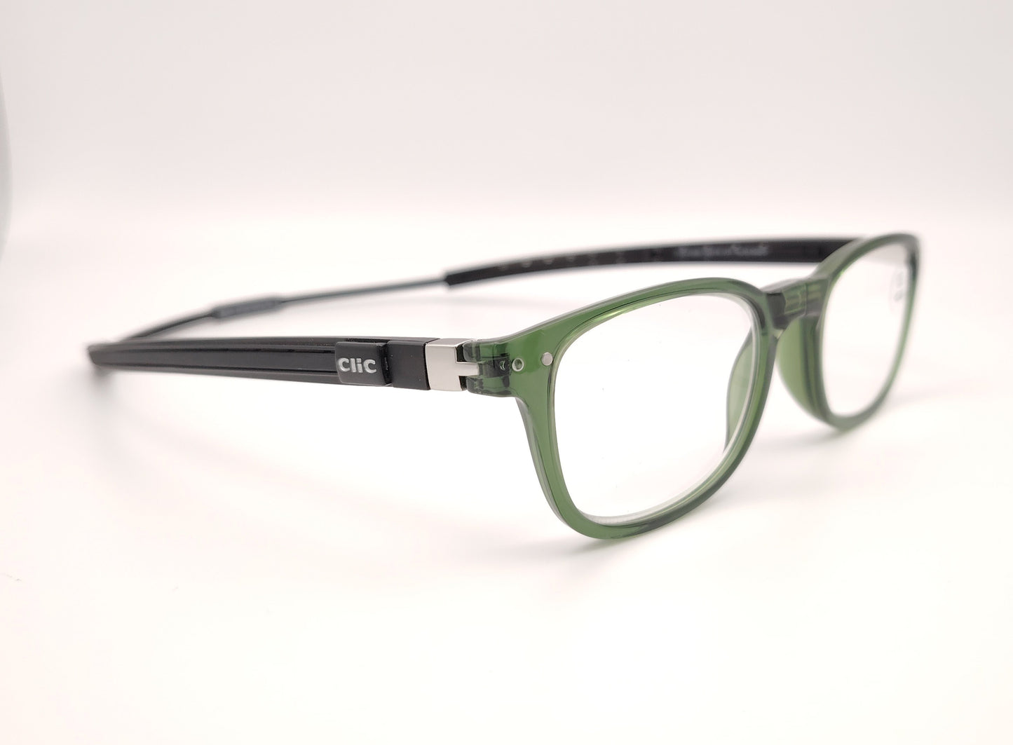 gafas clic de lectura con montura verde translúcida, varillas negras y sistema magnético frontal para cierre y apertura