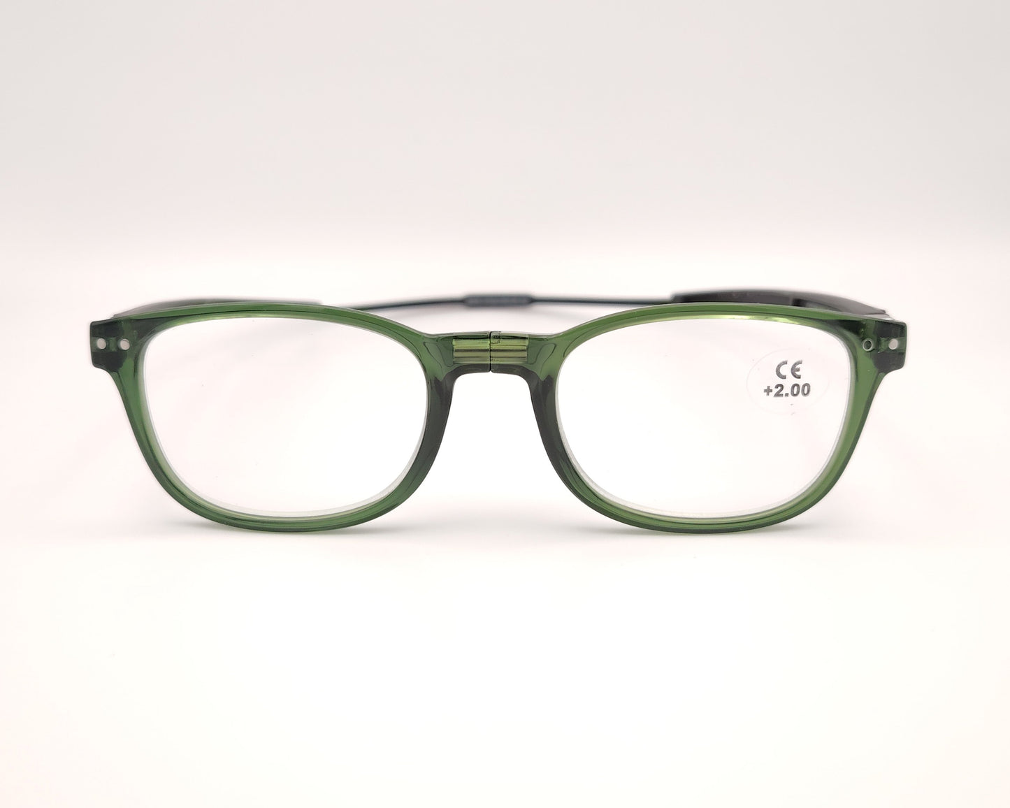 gafas clic de lectura con montura verde translúcida, varillas negras y sistema magnético frontal para cierre y apertura