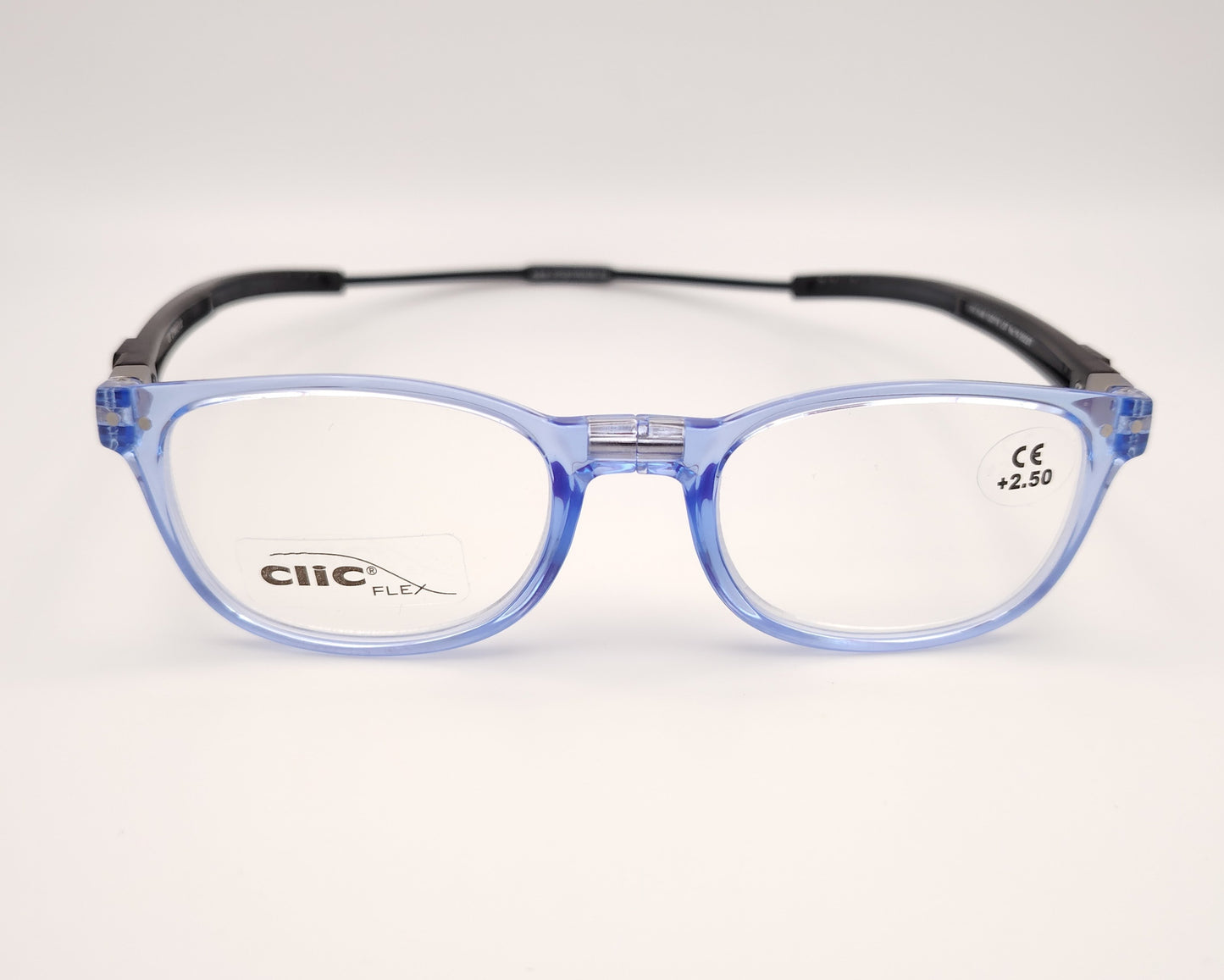 gafas clic flex de lectura con montura azul translúcida, varilla trasera flexible negra y sistema magnético en el puente