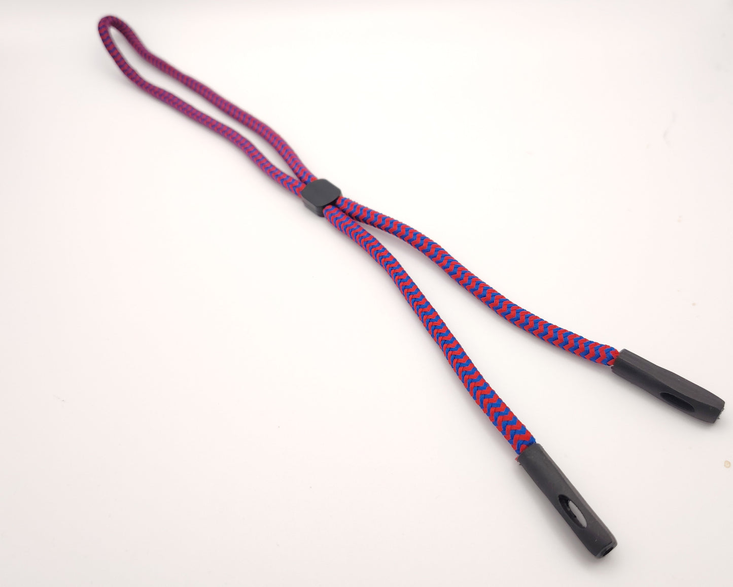 cordon ajustable de color rojo y azul para gafas con extremos de goma negra
