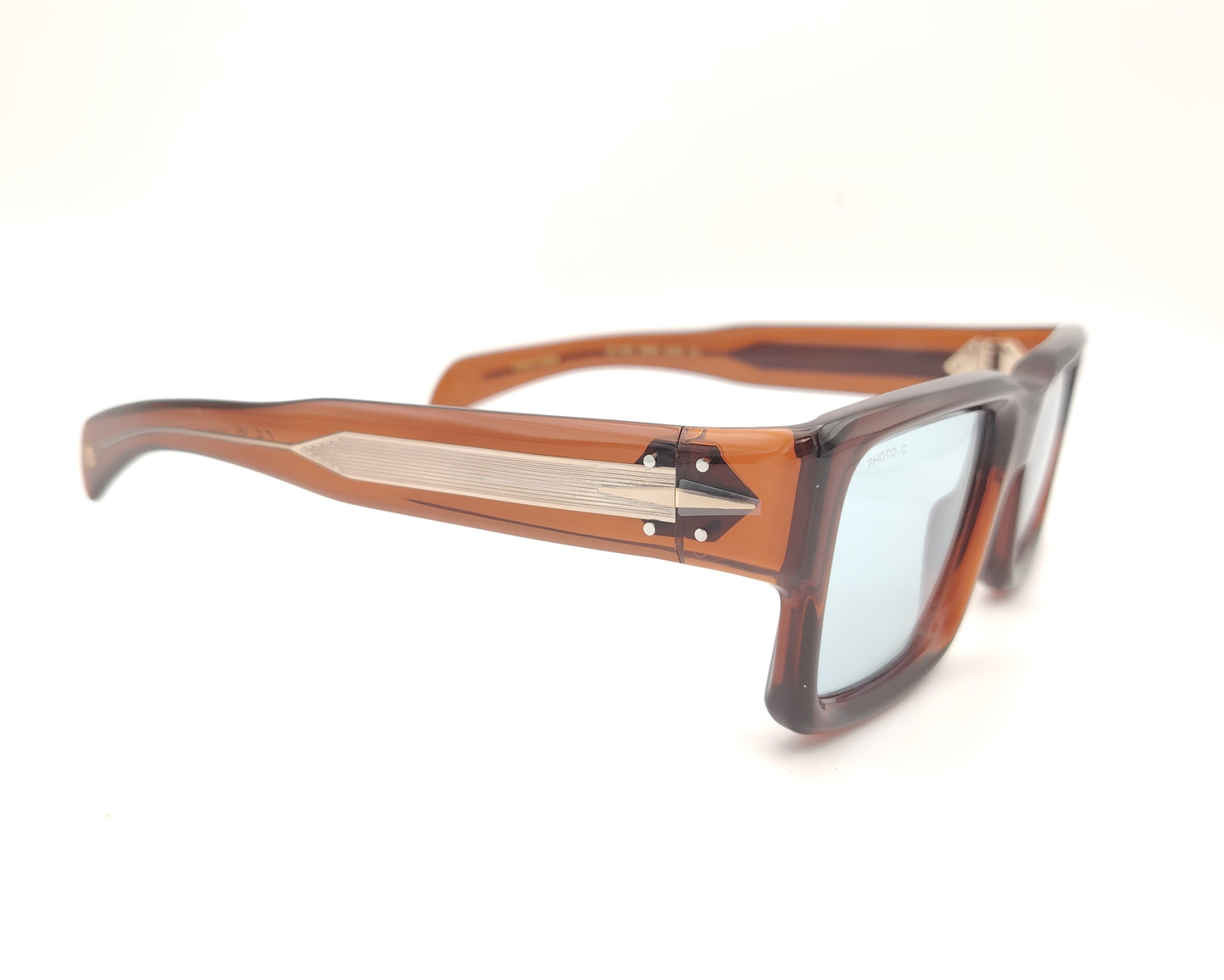 gafas de sol rectangulares de acetato marrón translúcido con lentes azules fotocromáticas