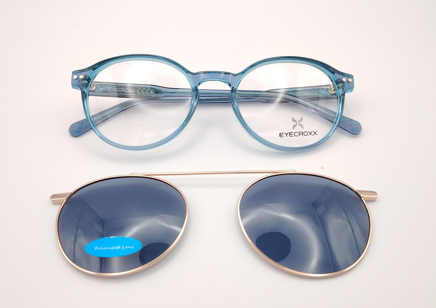 gafas eyecroxx ec621 c3 montura geométrica redonda color azul con clip solar magnético metálico polarizado