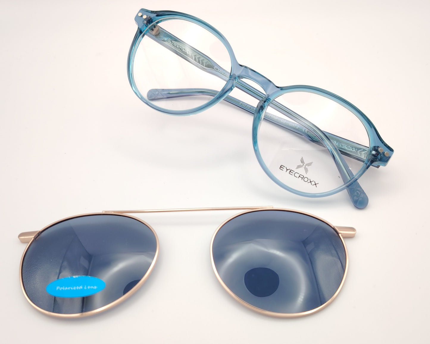 gafas eyecroxx ec621 c3 montura geométrica redonda color azul con clip solar magnético metálico polarizado