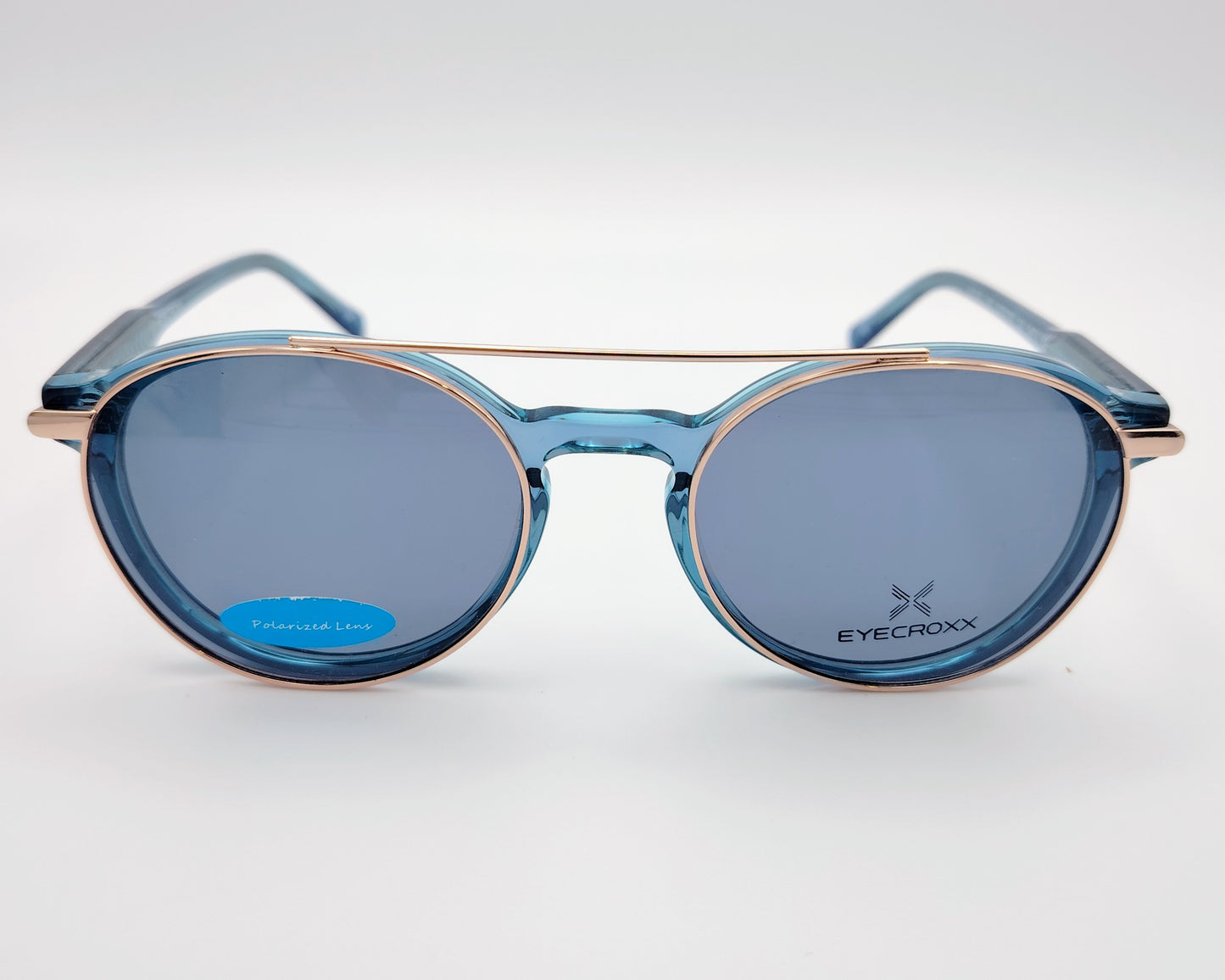gafas eyecroxx ec621 c3 montura geométrica redonda color azul con clip solar magnético metálico polarizado