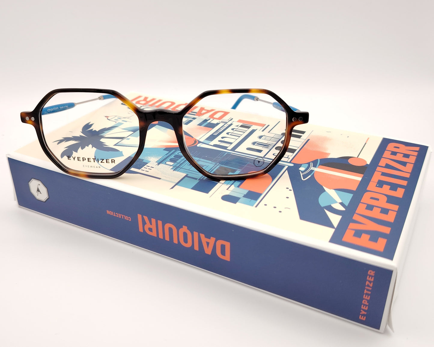 eyepetizer neuf c as gafas de vista hexagonales en carey con varillas metálicas con detalles y puntas en azul