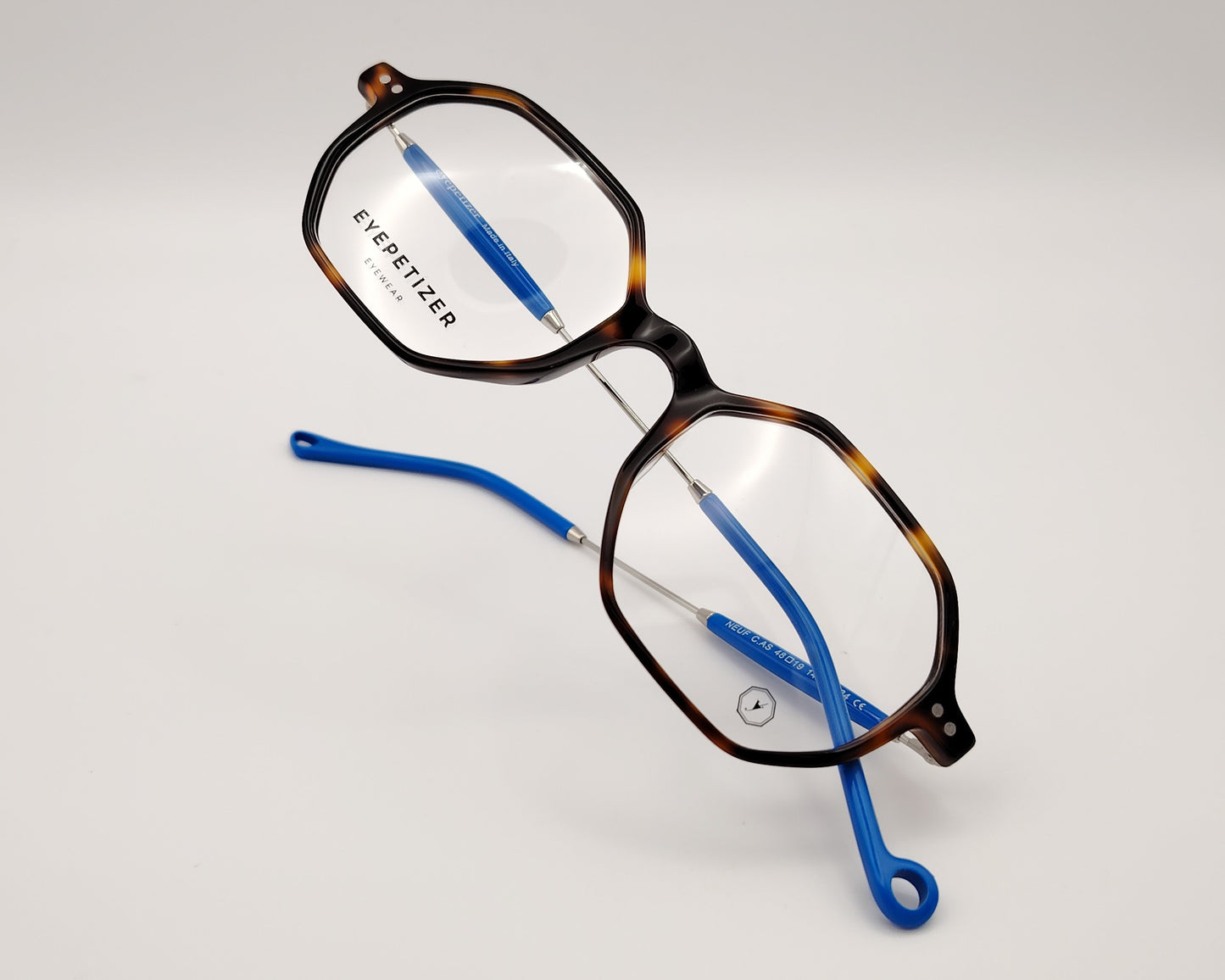 eyepetizer neuf c as gafas de vista hexagonales en carey con varillas metálicas con detalles y puntas en azul
