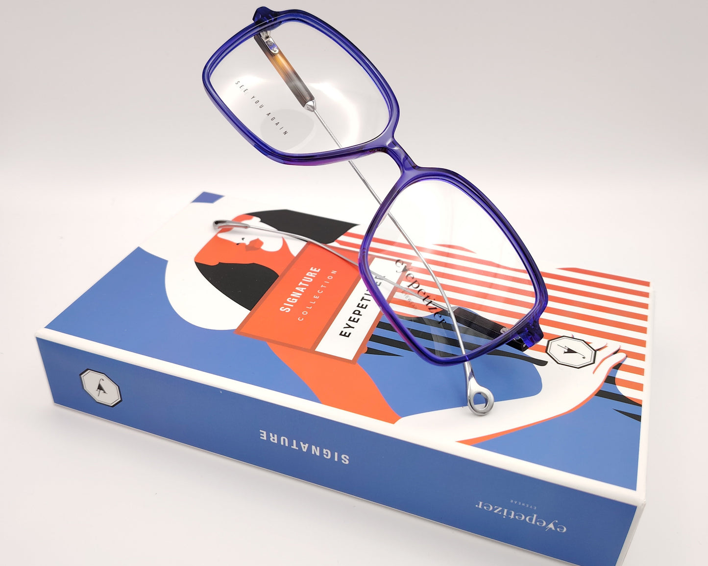 eyepetizer quovadis c vlt gafas graduadas con montura azul translúcida y varillas metálicas diseño cuadrado moderno y ligero