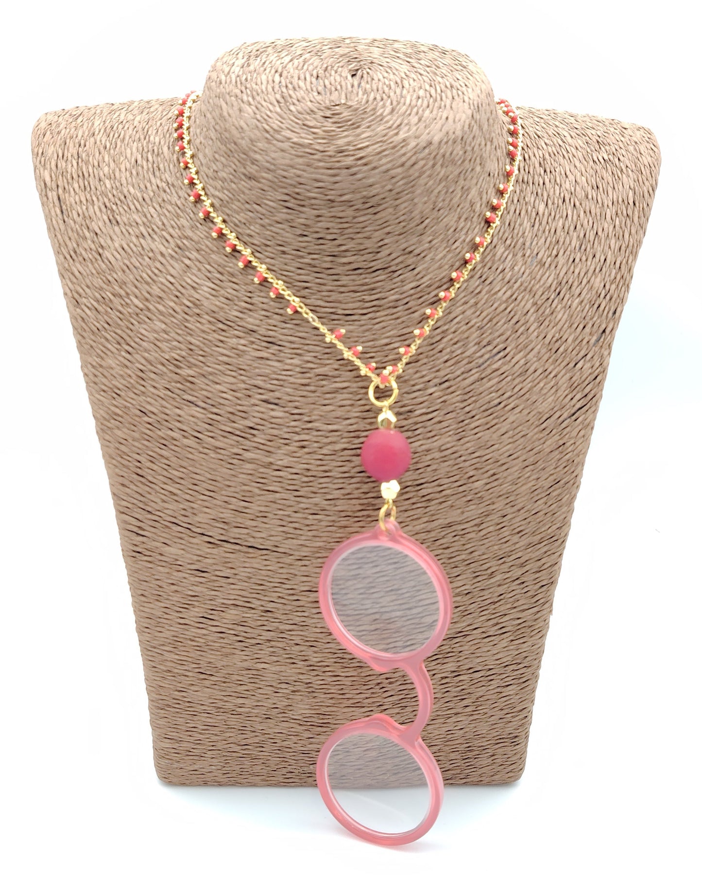flippan look fl00419c impertinente rojo collar colgante lupa con montura roja translúcida incluye cadena dorada con detalles en rojo y piedra decorativa roja