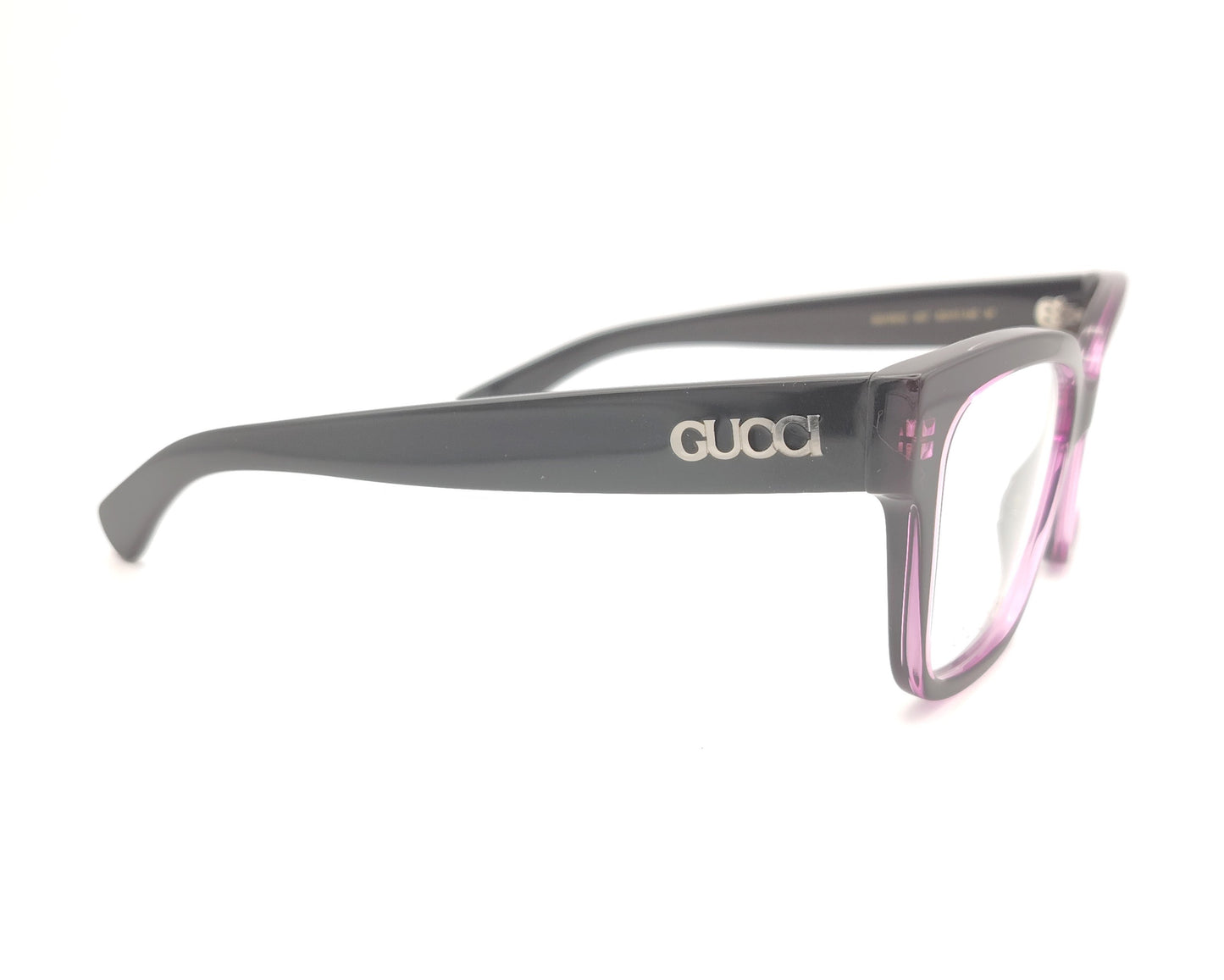 gafas cuadradas gucci en negro y berenjena traslúcido con logo en las varillas