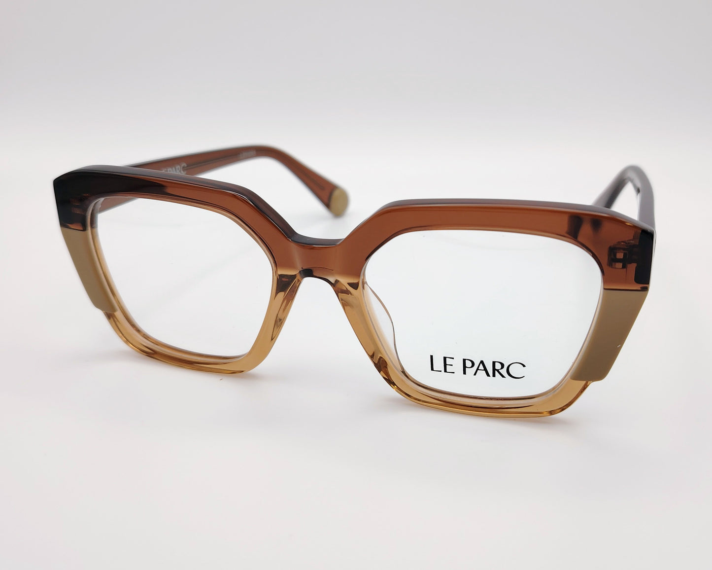 gafas le parc hayden, montura de acetato en tonos marrón y negro, diseño geométrico con bordes angulares, estilo moderno y sofisticado