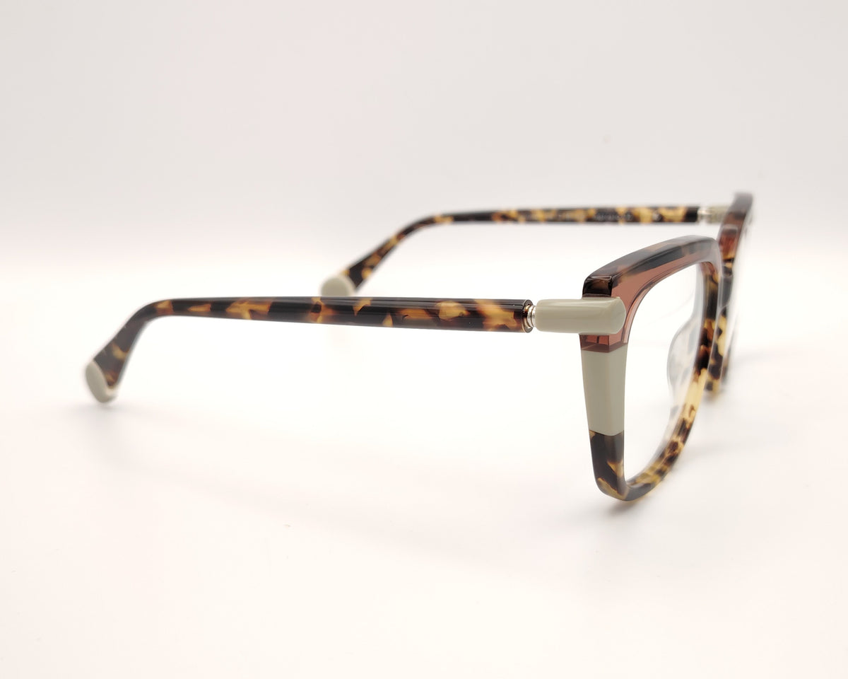 gafas graduadas cuadradas en carey con detalles en beige y rosa translúcido en la parte superior