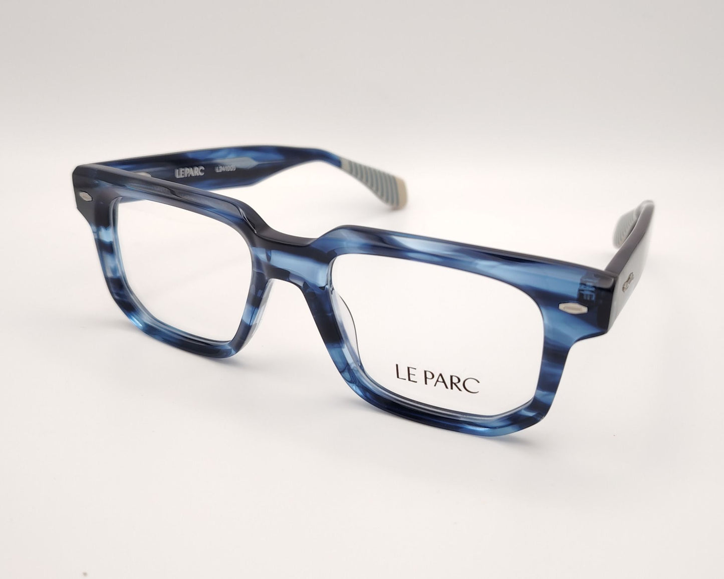 gafas de vista le parc rohe con montura gruesa de acetato en azul marmolado y varillas con detalles en gris