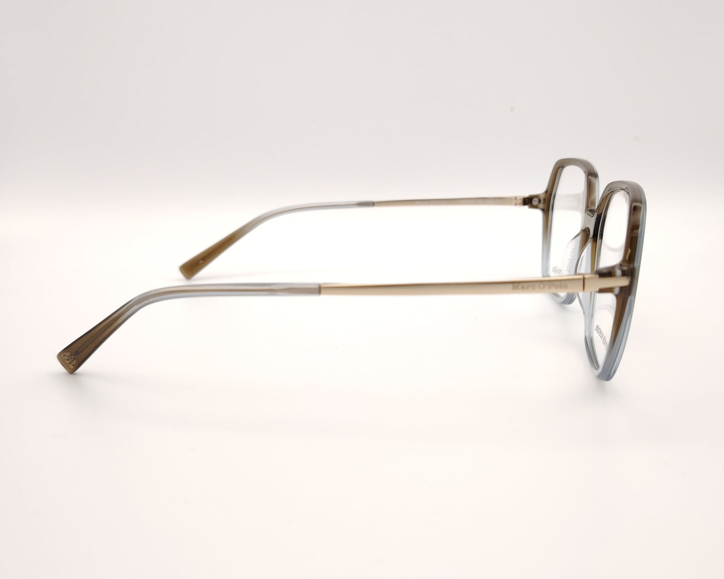 gafas marc o’polo cuadradas en acetato bicolor verde y azul con varillas doradas finas