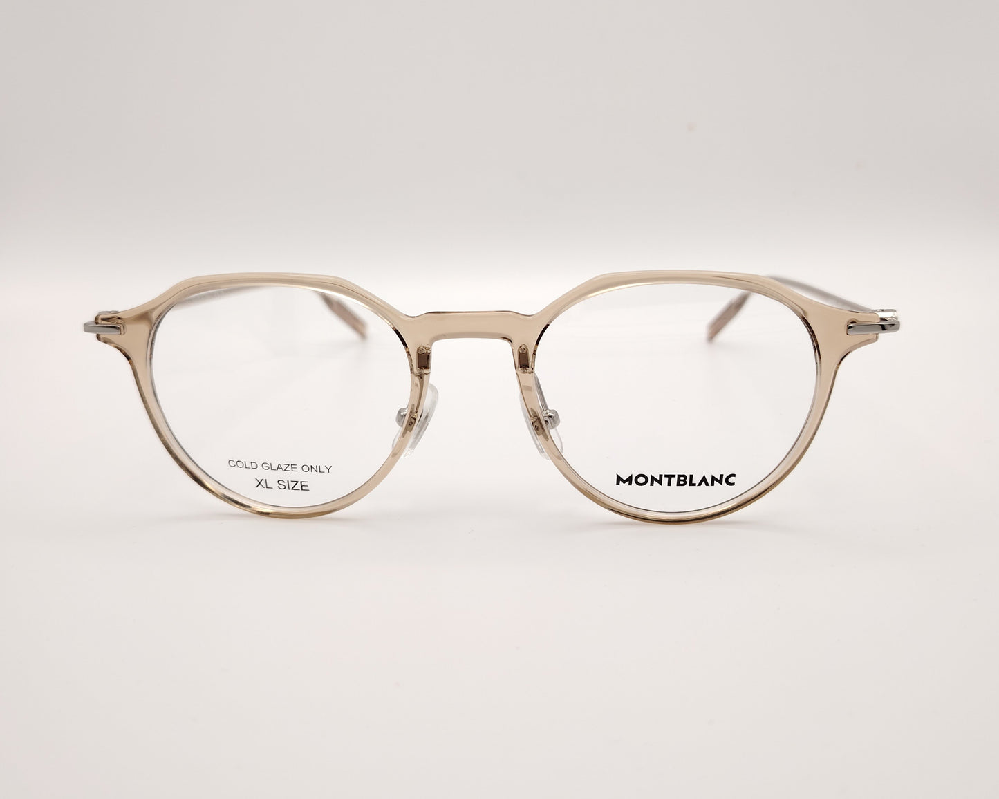 gafas montblanc redondas beige translúcidas con varillas metálicas finas