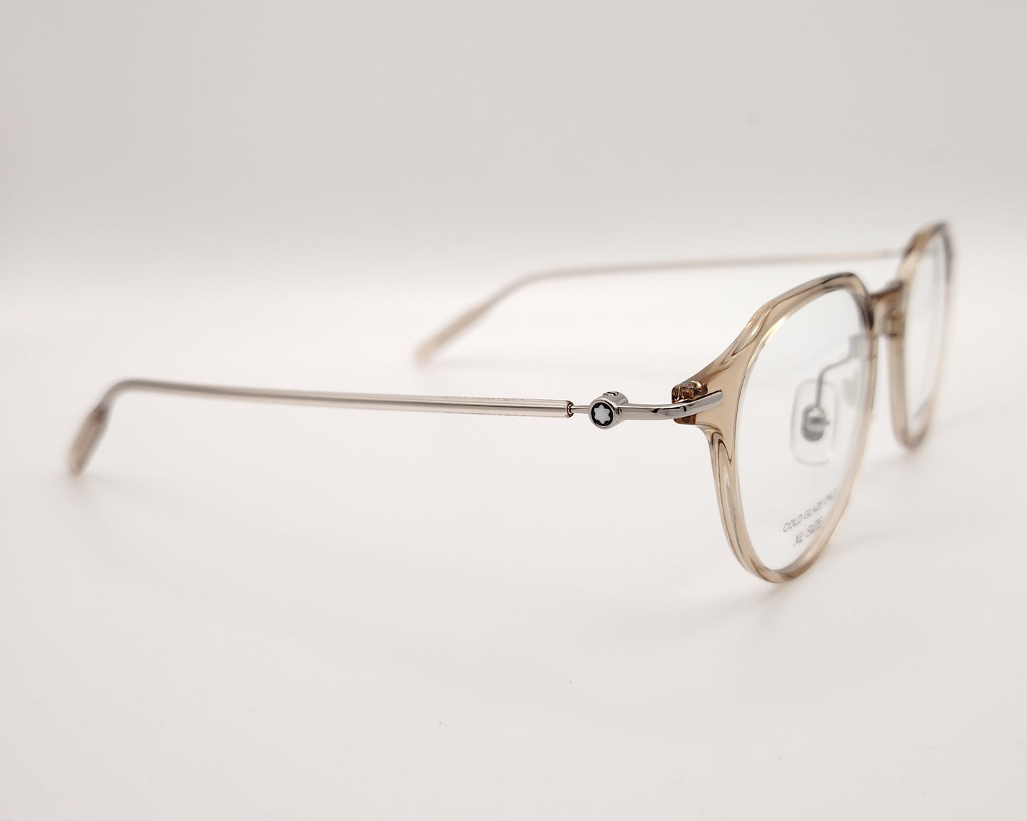 gafas montblanc redondas beige translúcidas con varillas metálicas finas