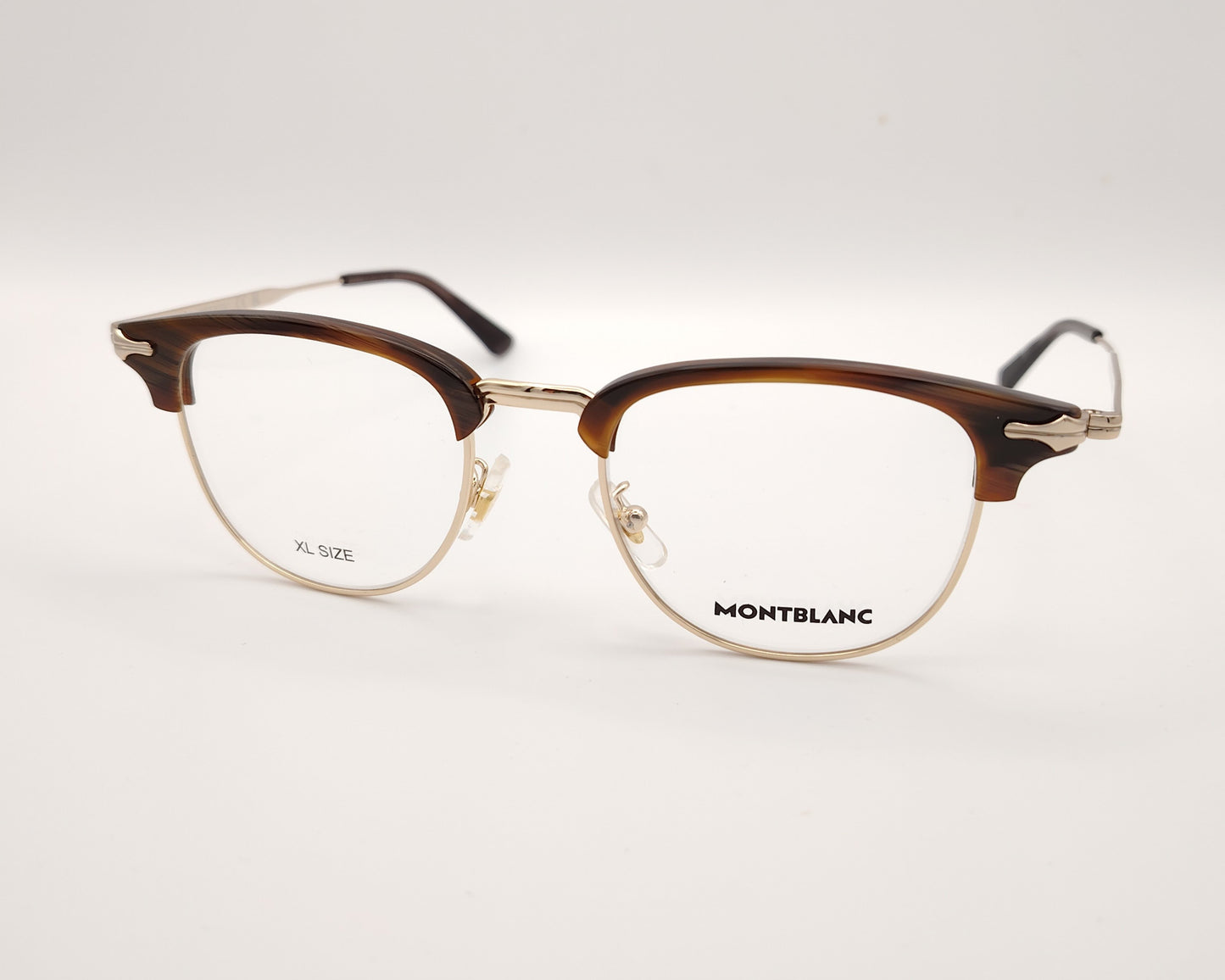 gafas montblanc clubmaster con parte superior marrón veteado y montura metálica dorada