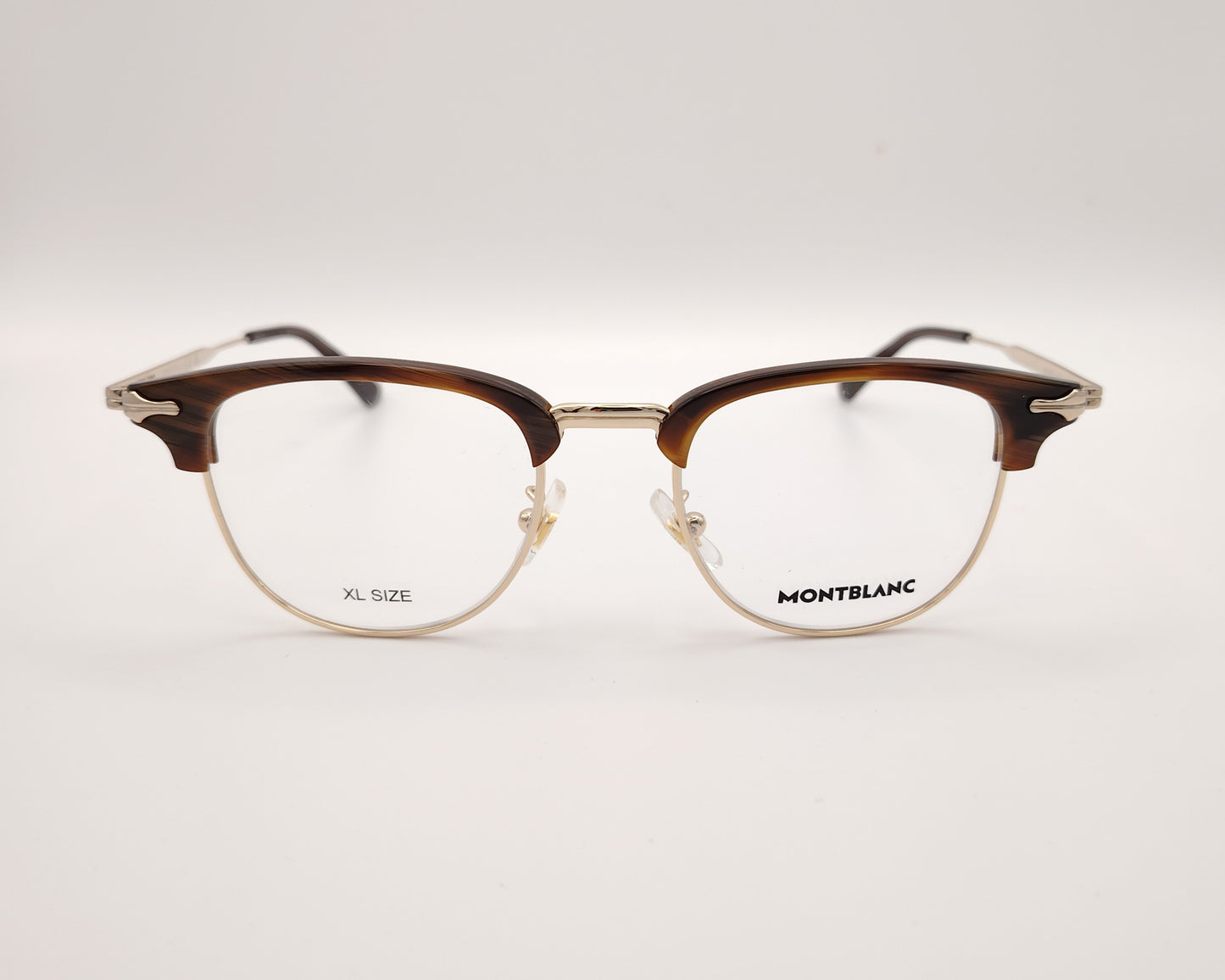 gafas montblanc clubmaster con parte superior marrón veteado y montura metálica dorada