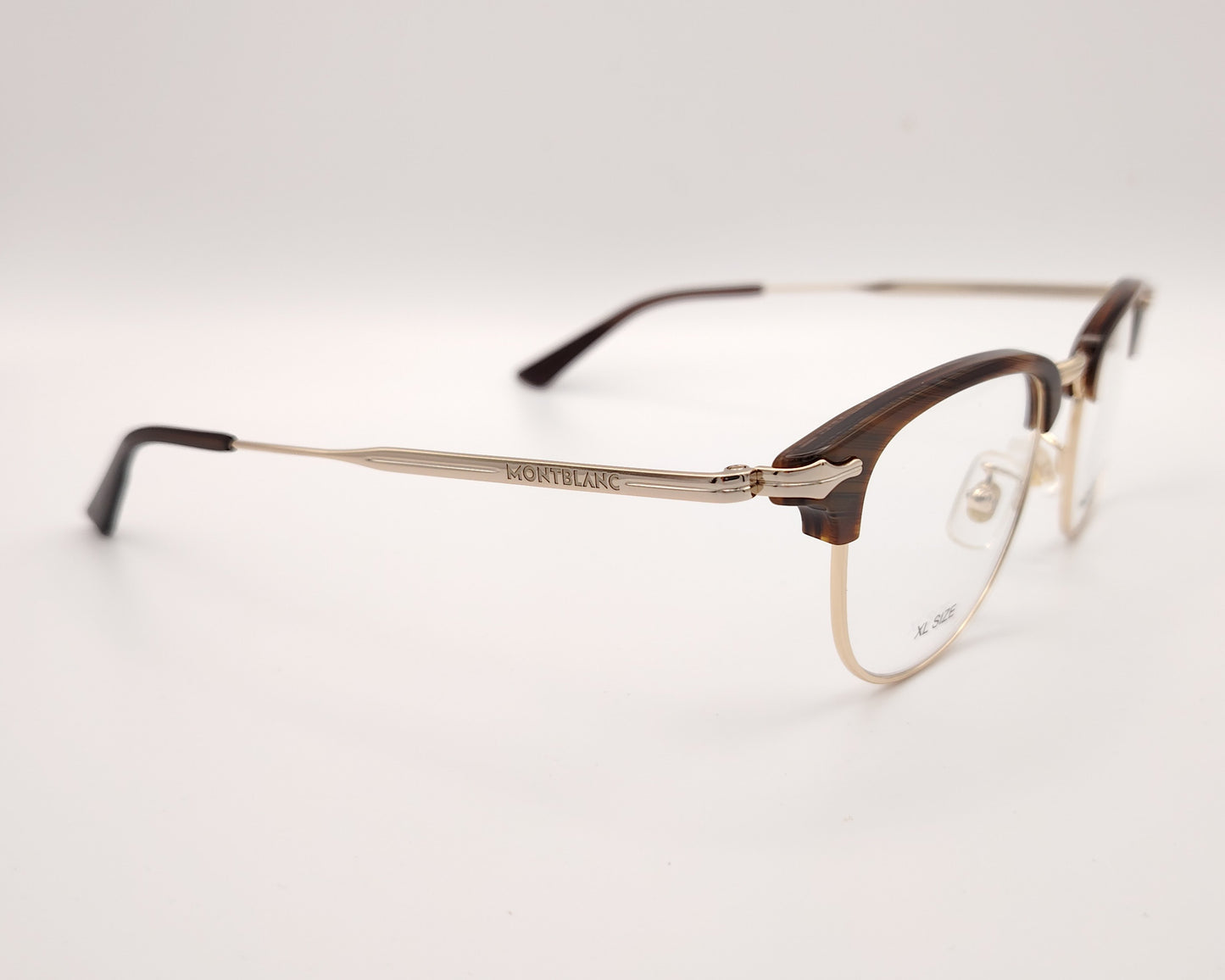 gafas montblanc clubmaster con parte superior marrón veteado y montura metálica dorada