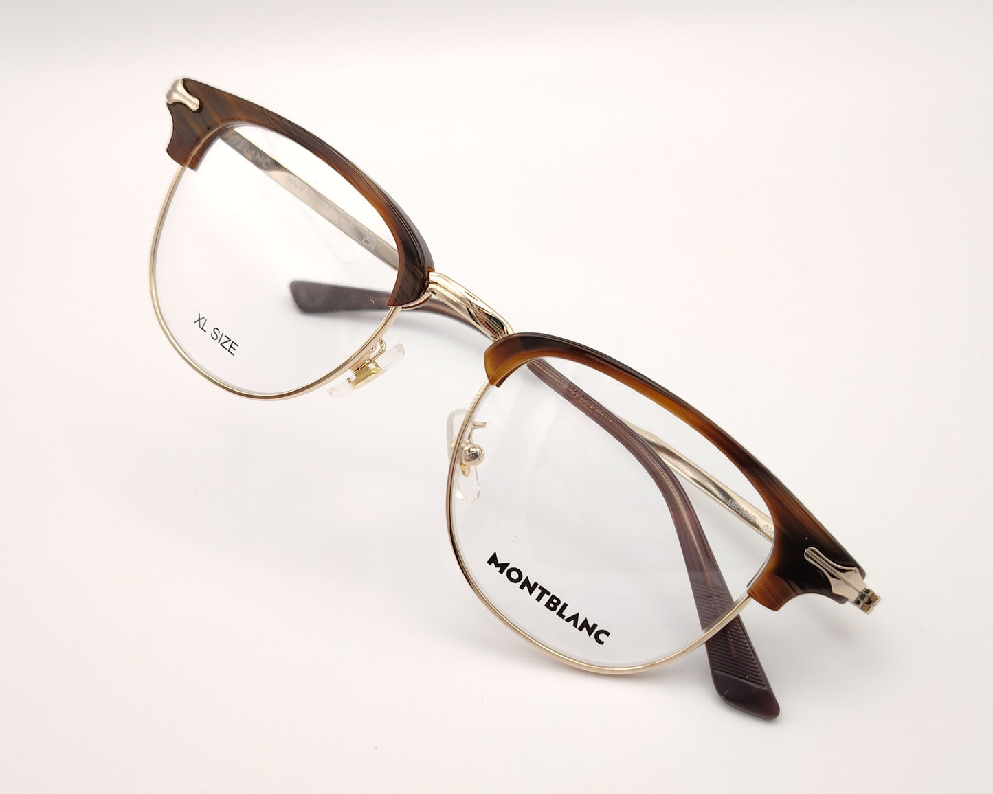 gafas montblanc clubmaster con parte superior marrón veteado y montura metálica dorada