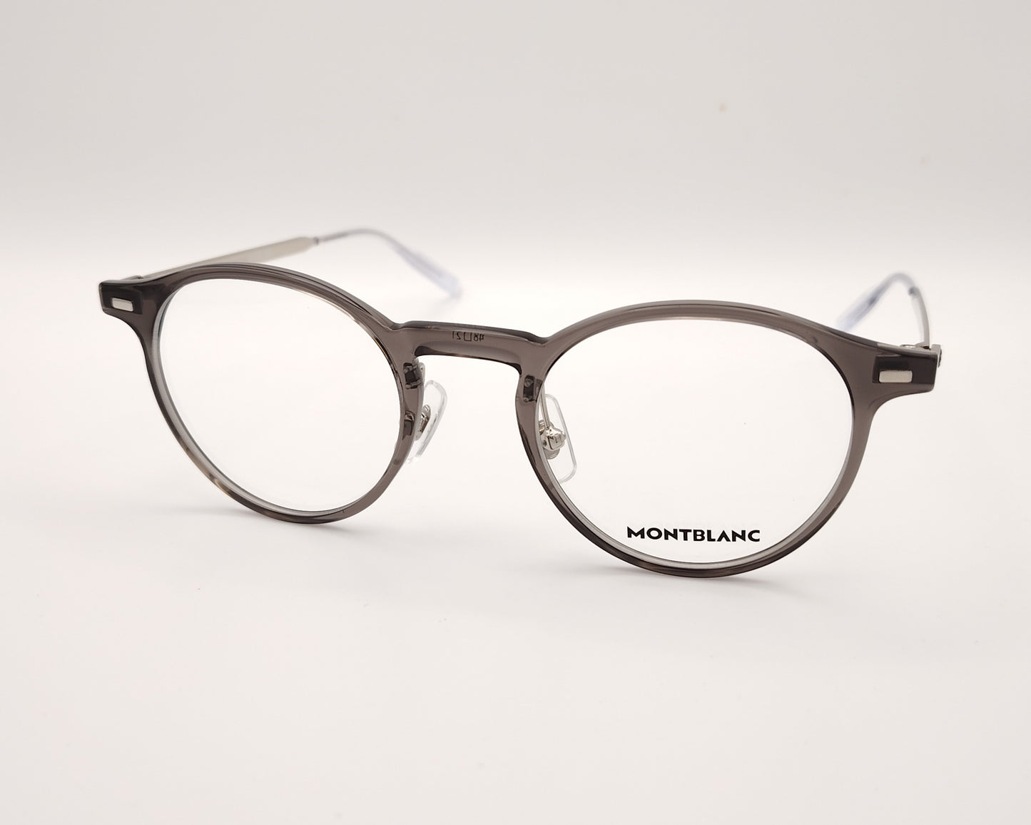 gafas montblanc redondas con frontal gris transparente y varillas metálicas finas
