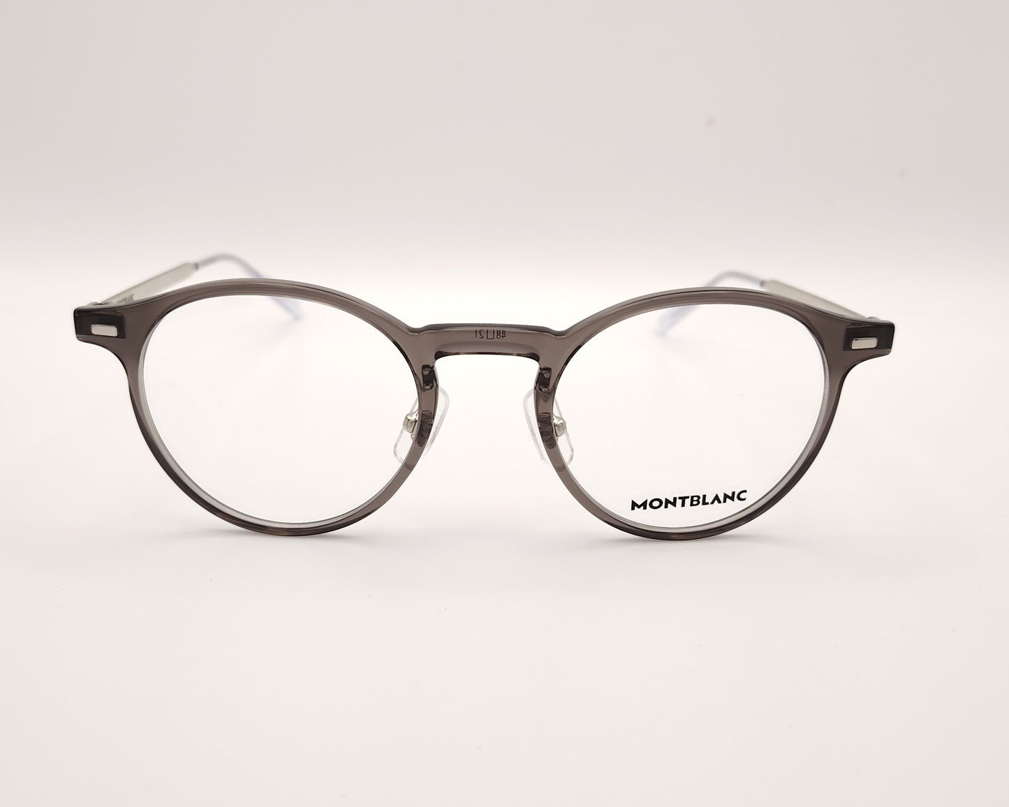 gafas montblanc redondas con frontal gris transparente y varillas metálicas finas