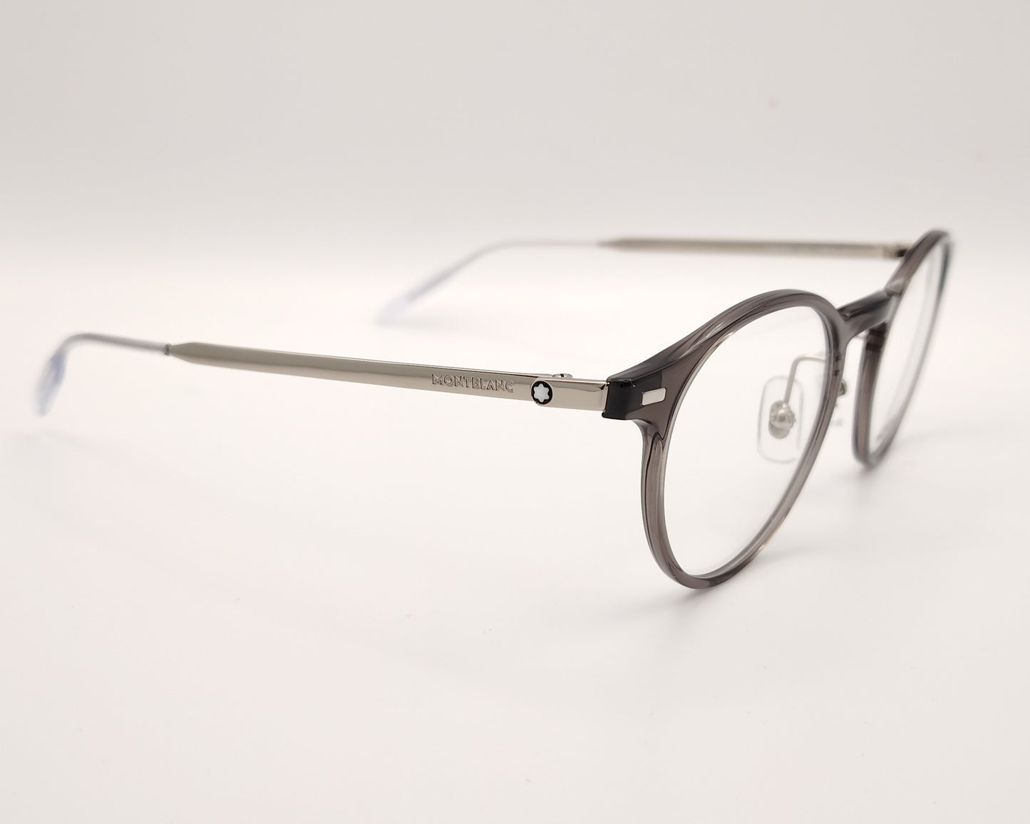 gafas montblanc redondas con frontal gris transparente y varillas metálicas finas