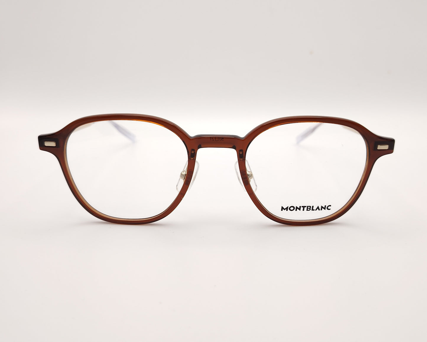 gafas montblanc semi redondas con frontal marrón translúcido y varillas metálicas finas