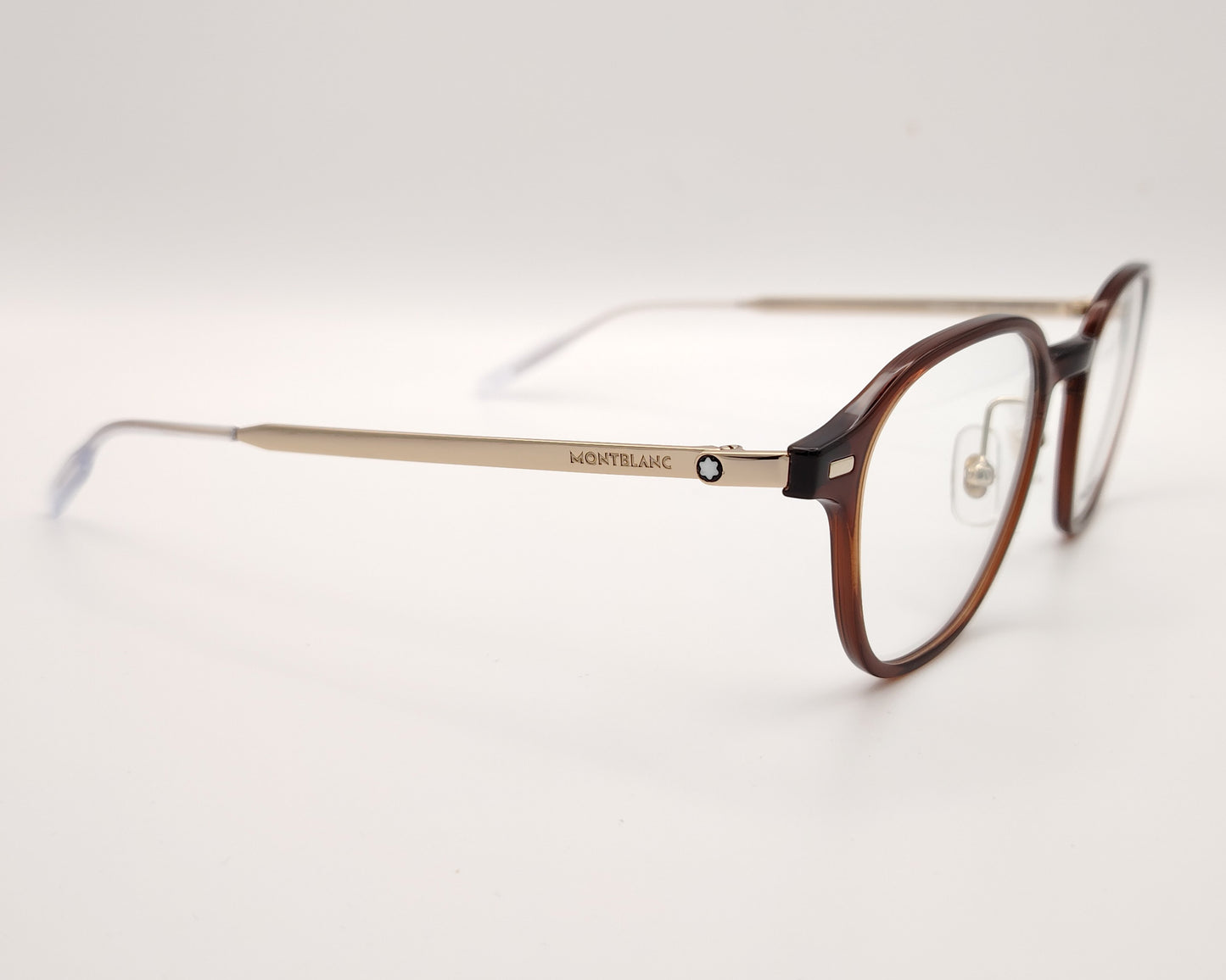 gafas montblanc semi redondas con frontal marrón translúcido y varillas metálicas finas