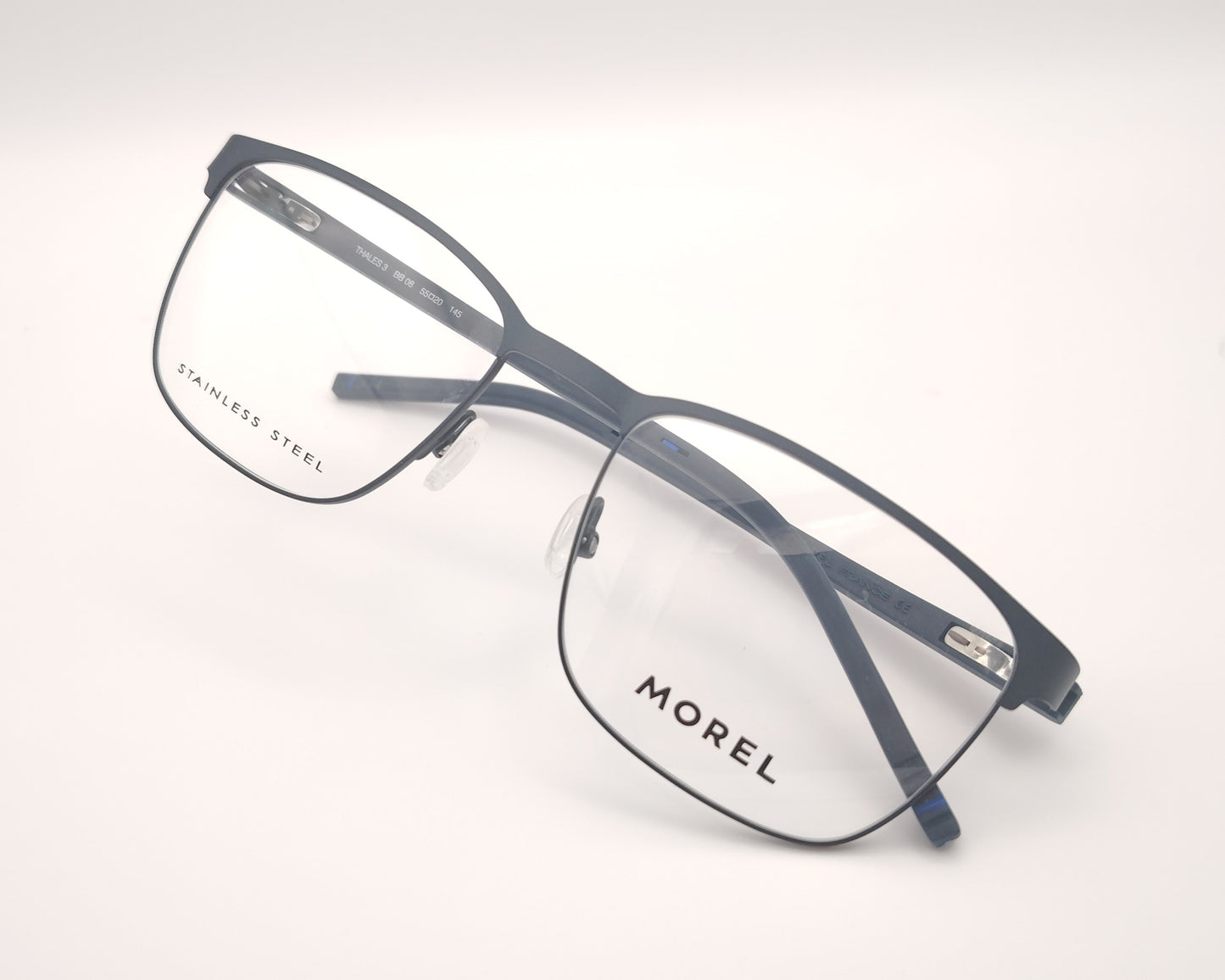 gafas graduadas morel de acero azul marino con montura rectangular y detalles azul eléctrico