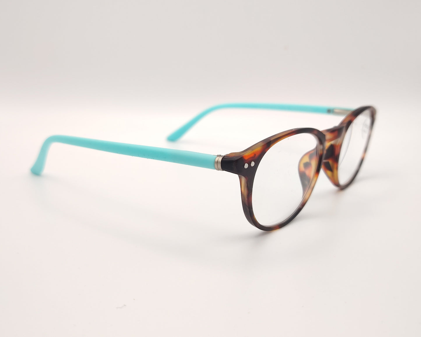 gafas de lectura premontadas redondas con montura carey y varillas azul turquesa