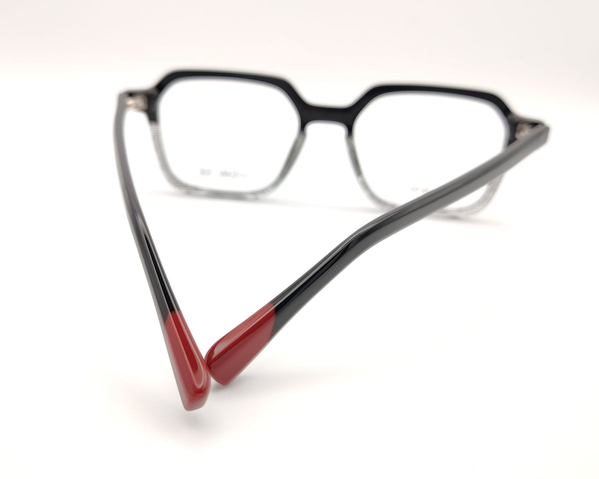 gafas de pasta forma geométrica degradado negro a transparente y dos clips solar y amarillo