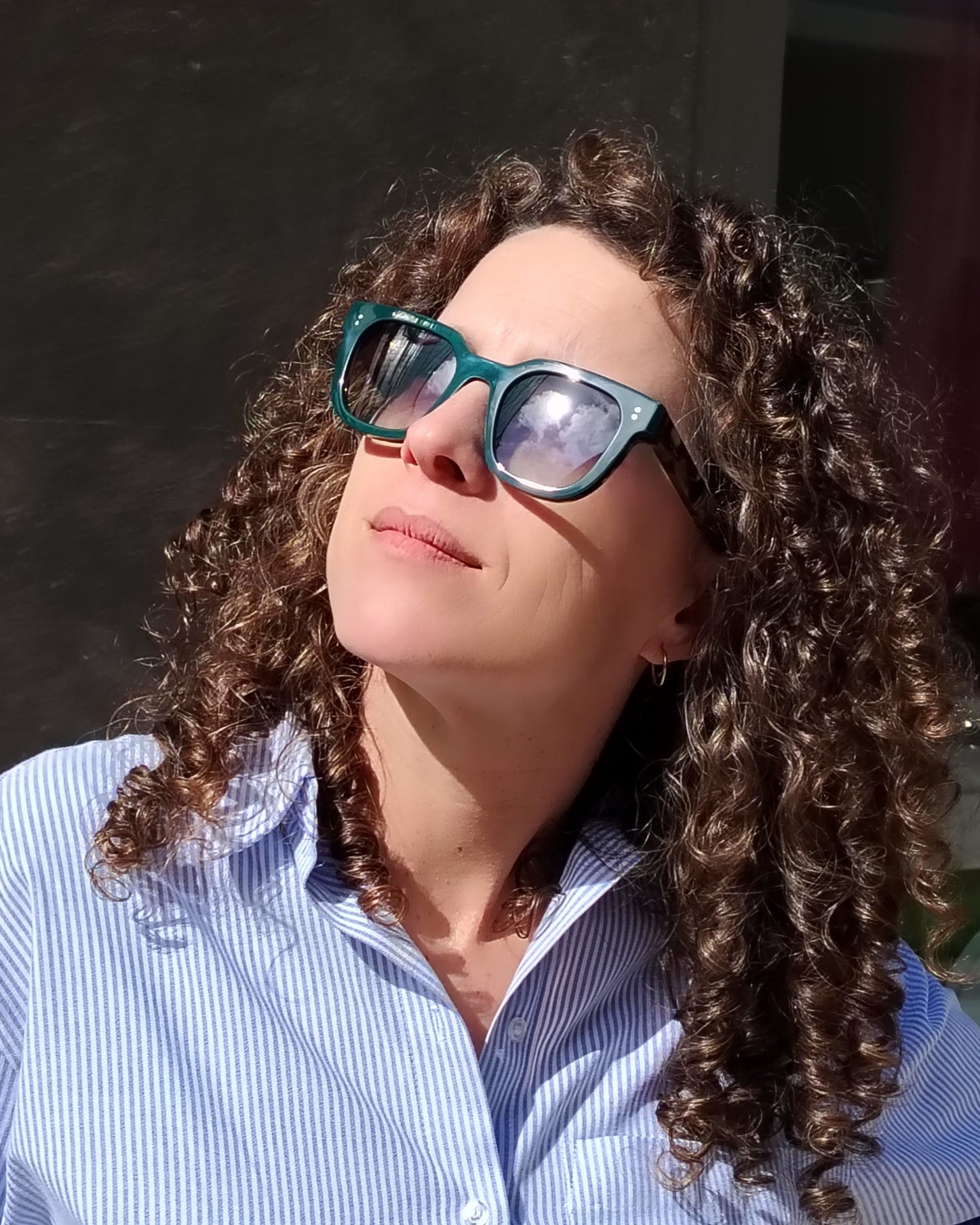persona con gafas de sol verde oscuro con varillas carey y lentes degradadas