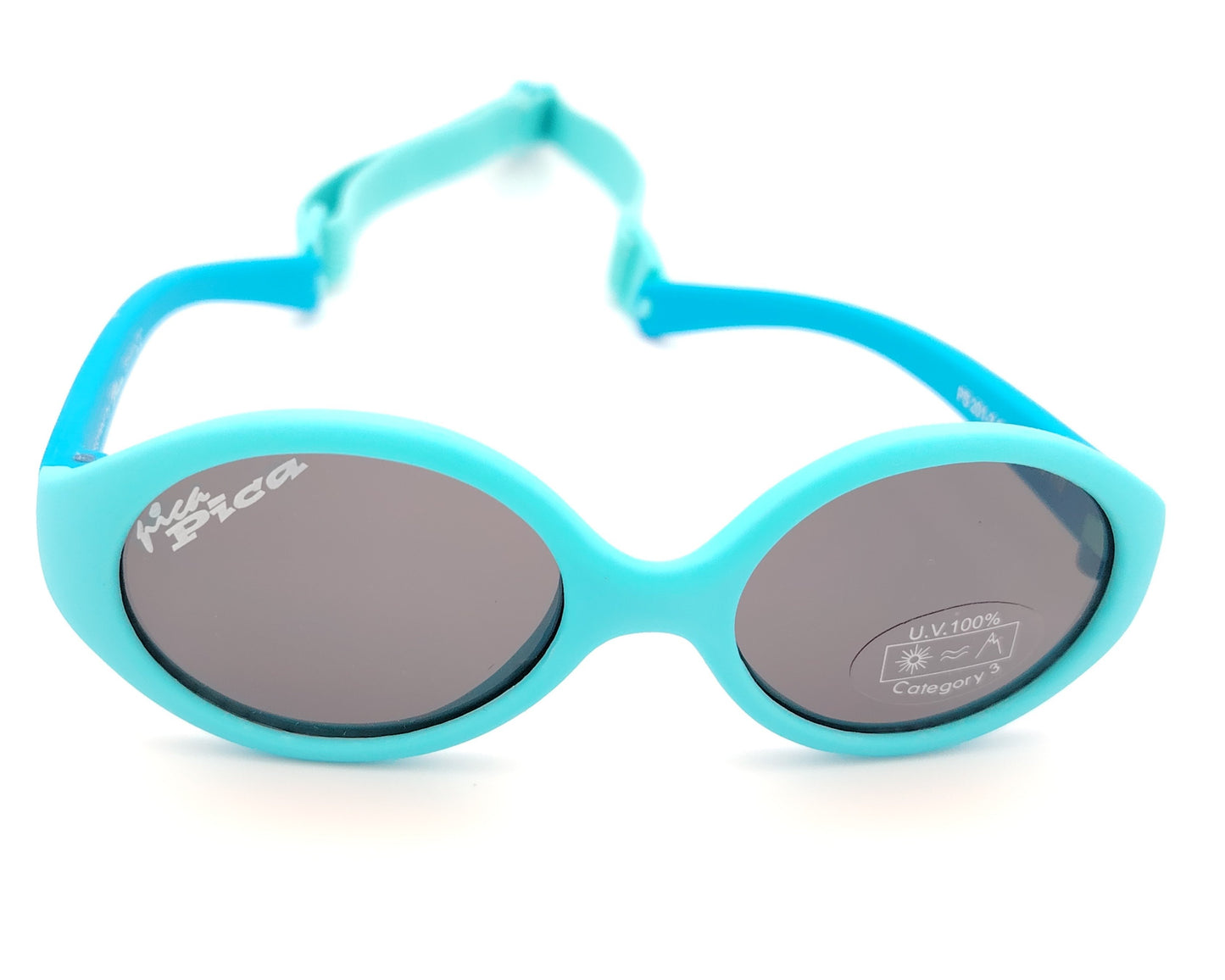 gafas de sol para bebé en color azul celeste con lentes oscuras redondeadas y protección UV