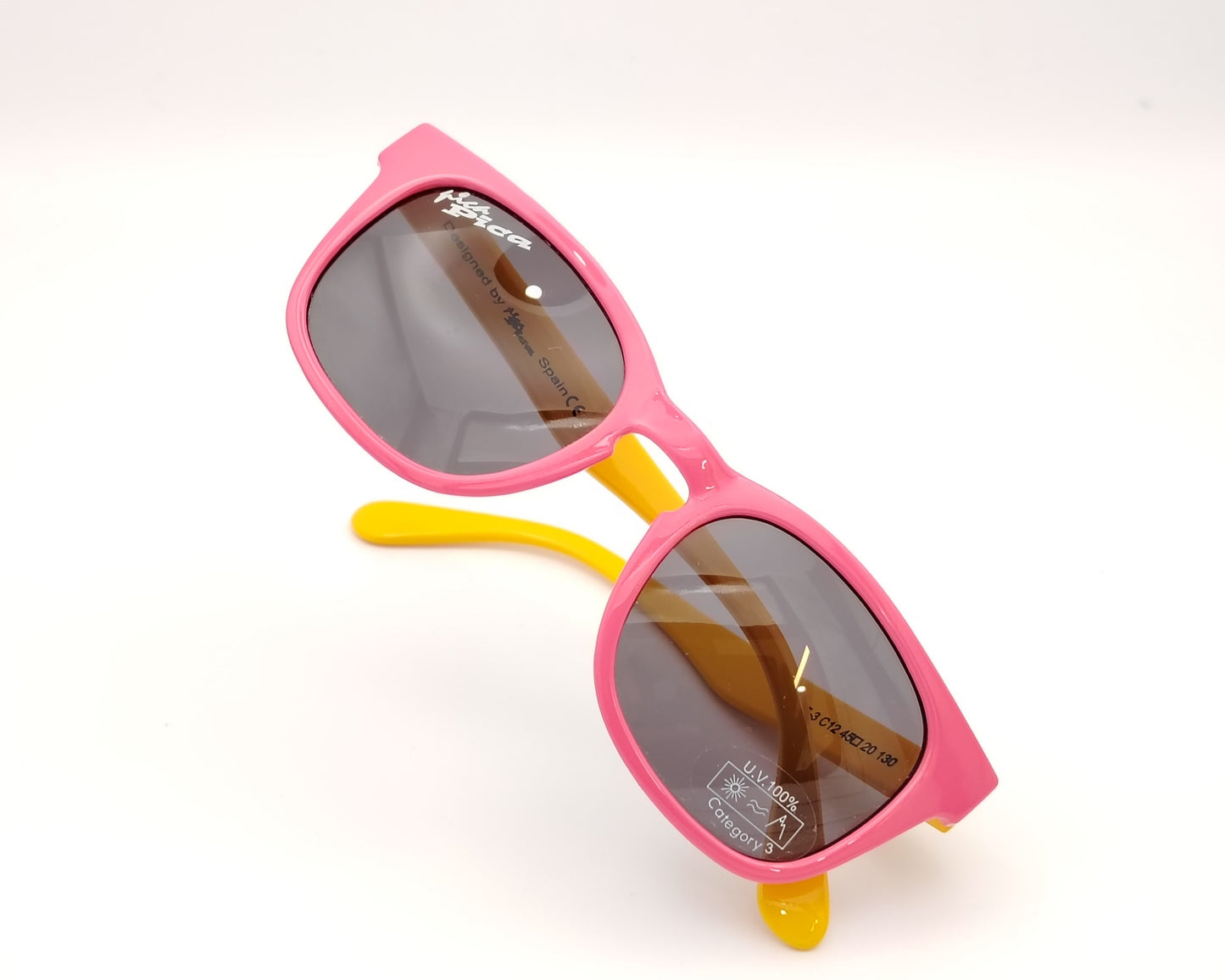 pica pica ps 205 3 c12 gafas de niña en formato cuadrado de pasta, de color rosa en el frente y amarillo en las varillas