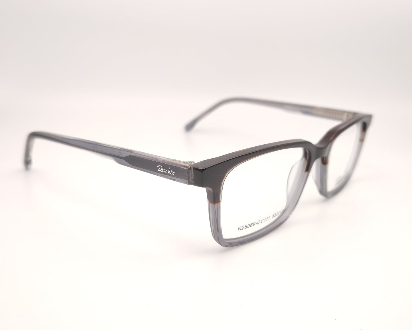 gafas graduadas gris translúcido y marrón con frontal cuadrado y montura ligera de estilo minimalista