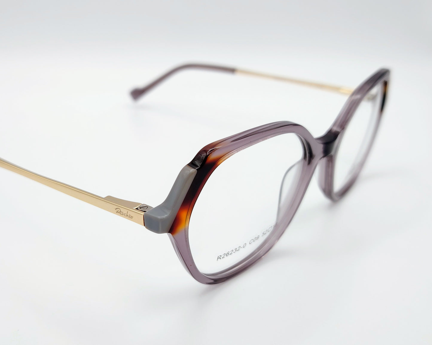 gafas graduadas rischio r26171 c11 con montura de acetato en tonos gris degradado diseño rectangular con varillas metálicas grabadas