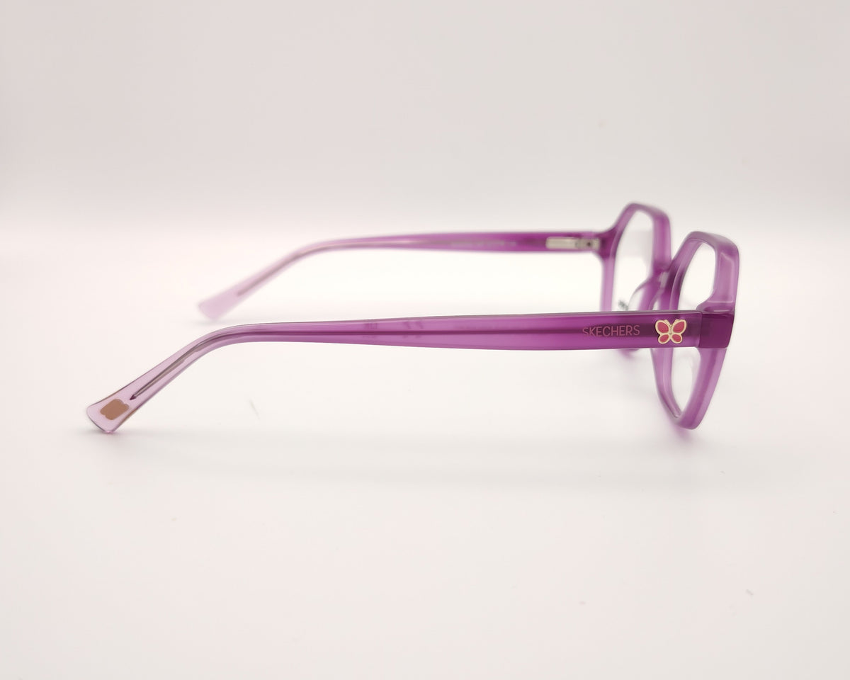 gafas graduadas infantiles skechers moradas translúcidas con detalle de mariposa en las varillas