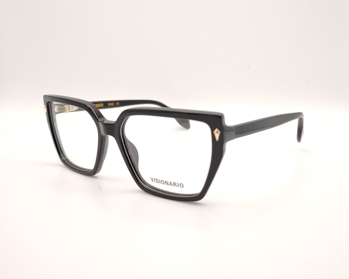 gafas de pasta negras con forma rectangular y detalle dorado en las esquinas delanteras, modelo visionario