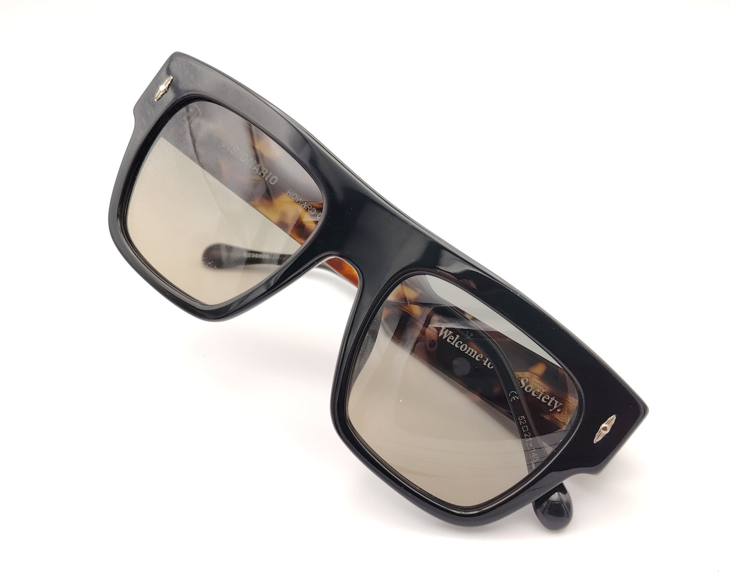 gafas de sol visionario howard 03 con montura rectangular en color negro, patillas con estampado carey y detalles dorados, lentes polarizadas en tono marrón degradado