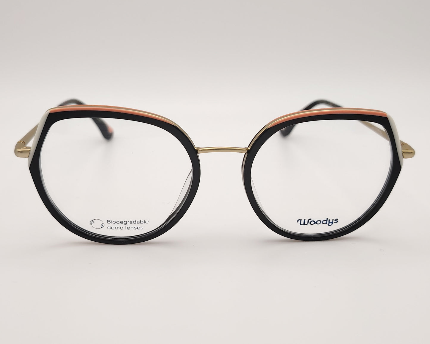 woodys ionna 01 gafas de metal con aro de acetato de color negro rosa y blanco en forma redondeada y ligeramente cat eyes