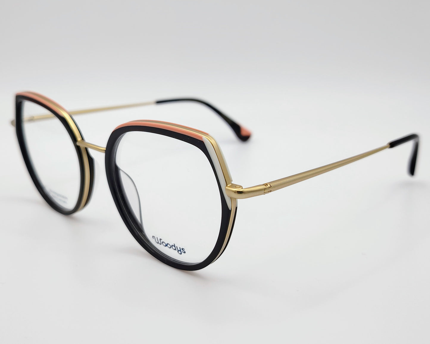 woodys ionna 01 gafas de metal con aro de acetato de color negro rosa y blanco en forma redondeada y ligeramente cat eyes