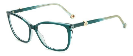 gafas graduadas carolina herrera azul petróleo translúcidas con forma cat eye  suave y detalle dorado