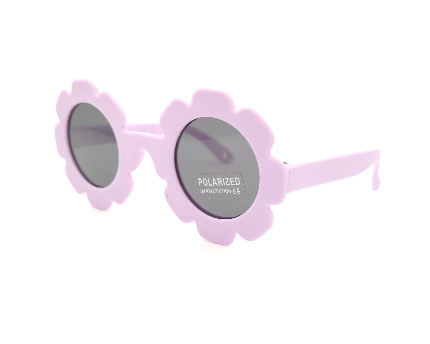 gafas de sol infantiles polarizadas con montura lila en forma de flor y lentes grises con protección UV