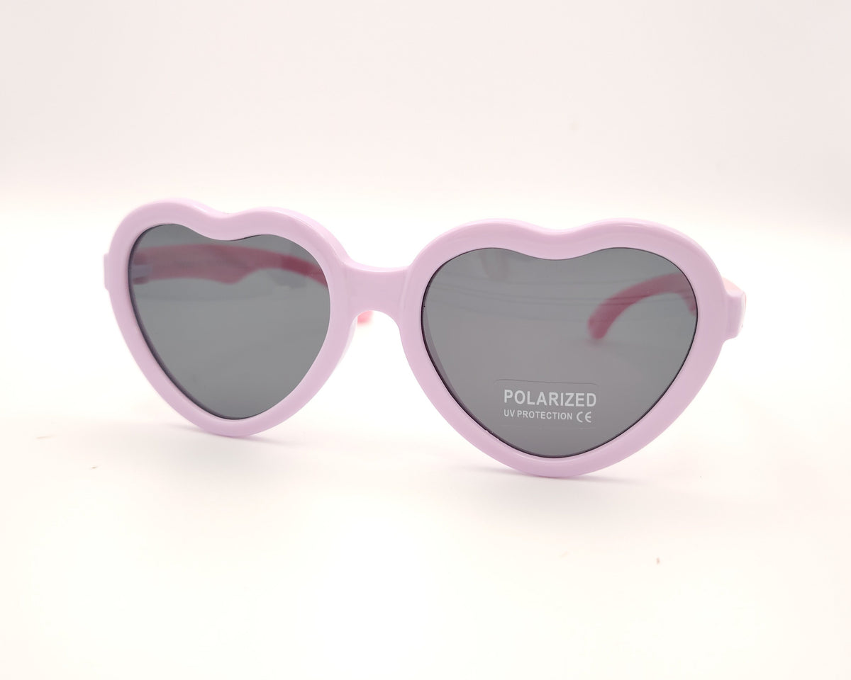 gafas de sol infantiles polarizadas con montura lila en forma de corazón, varillas rosas y lentes grises con protección uv